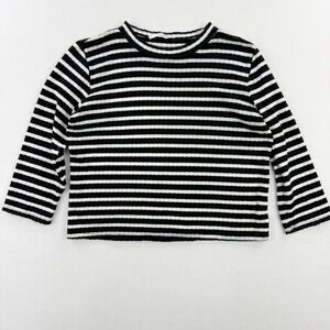 Free People Striped Top Textured Knit 3/4 Sleeve Crew Neck Black‎ White M
